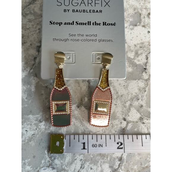 Sugarfix Baublebar Stop and Smell the Rose pink wine bottle drop earrings NWT - Picture 3 of 4